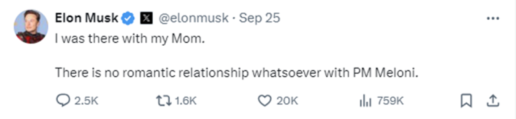 马斯克否认与意大利女总理恋爱，还拉上母亲