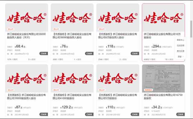 “娃哈哈实业”15万股将被拍卖,起拍价格268万元